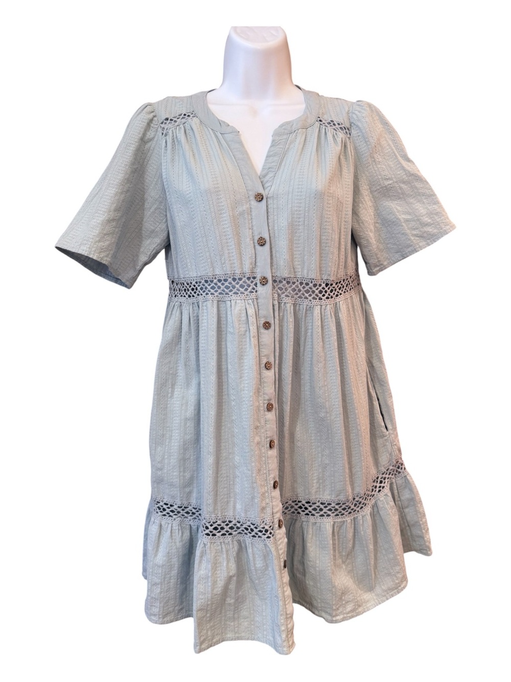 Knox Rose Pale Blue Button Front Mini Dress Lace Insets Small Boho